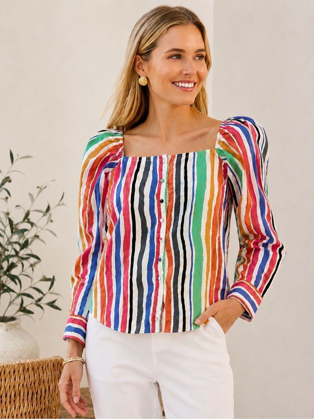 Rochelle Behrens NWT Multicolor Stripe Square Neck Blouse | Tuckernuck Coastal C